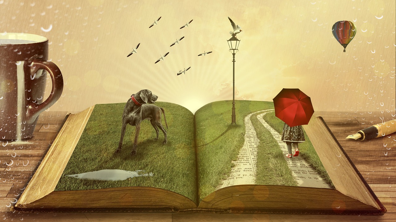 Libro aperto dal quale escono personaggi delle fiabe