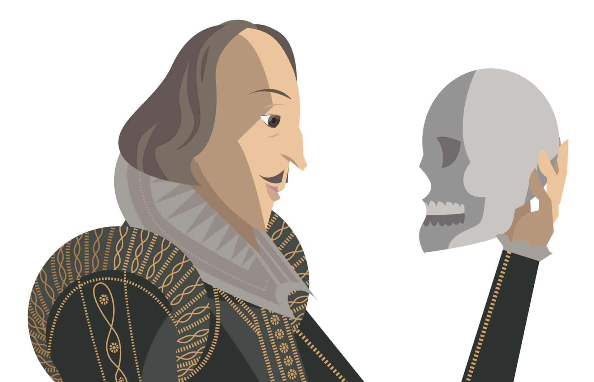 Illustrazione di Shakespeare con teschio in mano per Amleto