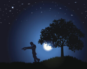 Illustrazione di Frankestein di notte con luna piena e albero