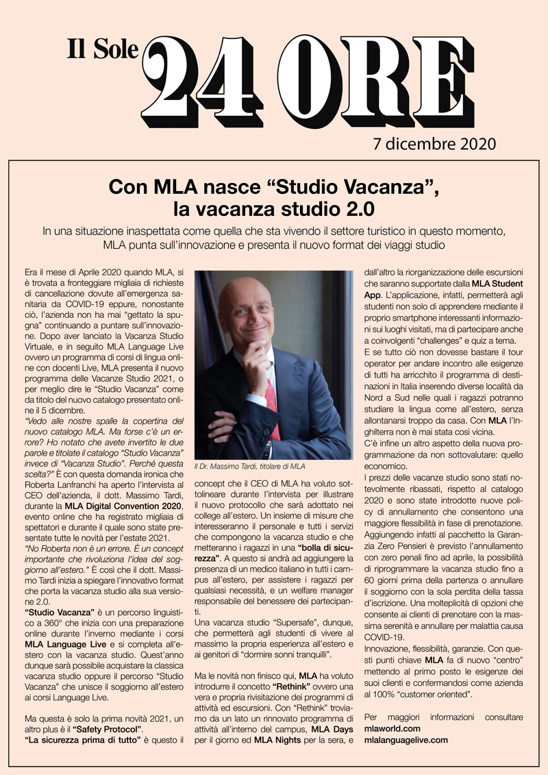 Il Sole 24 Ore parla della nostra Studio Vacanza Il Sole 24 Ore parla della nostra Studio Vacanza