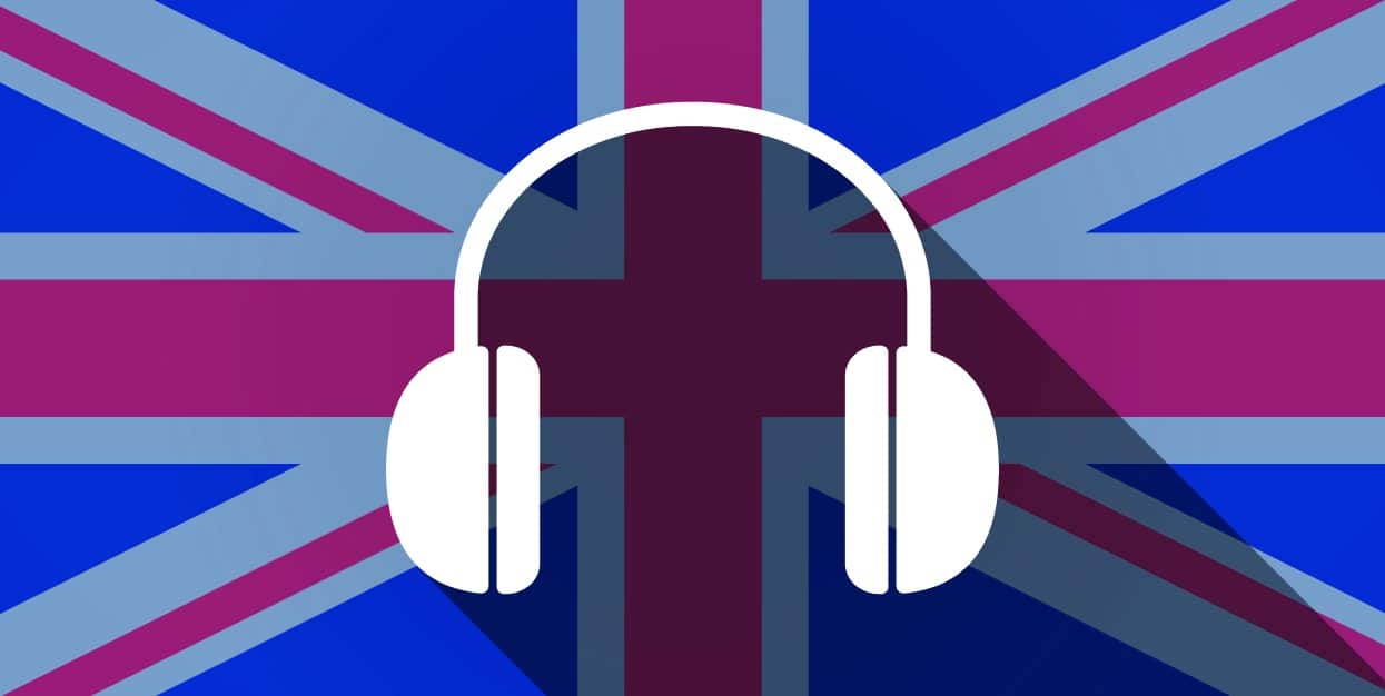 10 Vantaggi di studiare inglese a Londra Illustrazione di cuffie con sfondo bandiera inglese