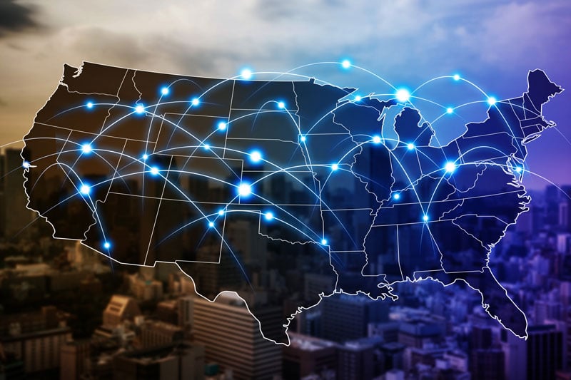 Stereotipi sugli americani: saranno veri? Mappa degli Stati Uniti con connessioni tra gli stati