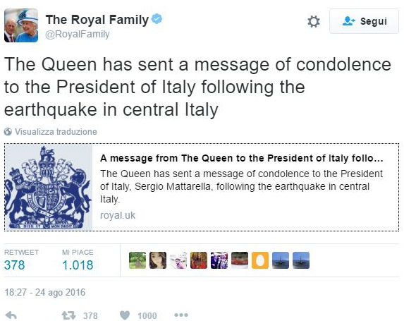 Terremoto Centro Italia: la Regina Elisabetta II fa una grossa donazione Messaggio sul profilo twitter della famiglia reale