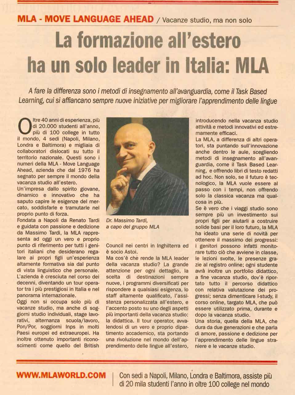 Siamo su Il Sole 24 ORE: MLA è leader in Italia delle vacanze studio sole 24 ore mla articolo formazione all'estero