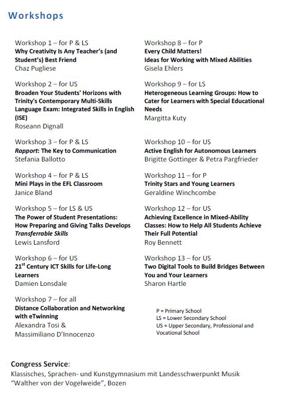 MLA è al “Building Bridges, Biannual Conference for English Teachers” a Bolzano calendario workshop